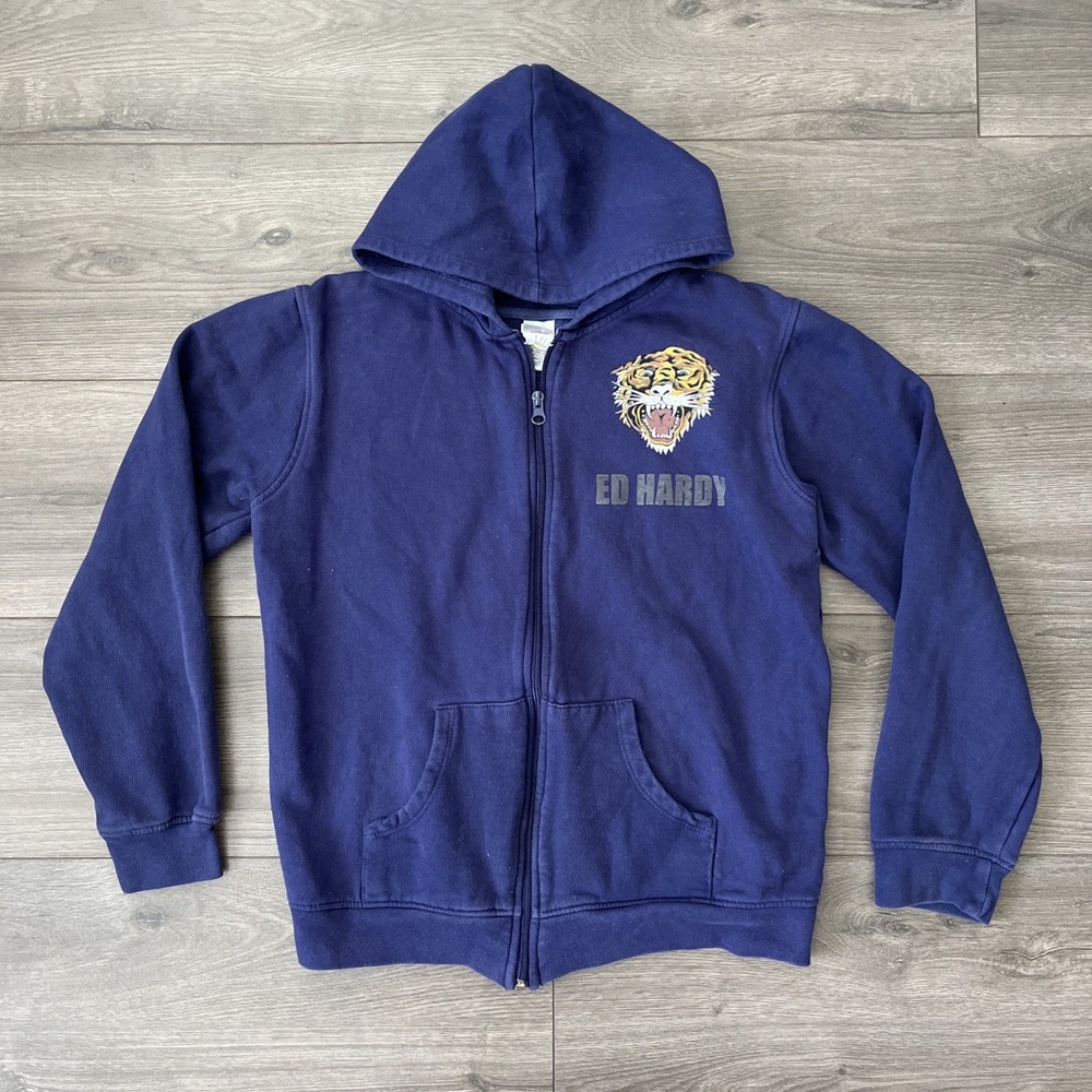 Ed Hardy Boys XL Full Zip Hoodie Sweatshirt Purple Tiger